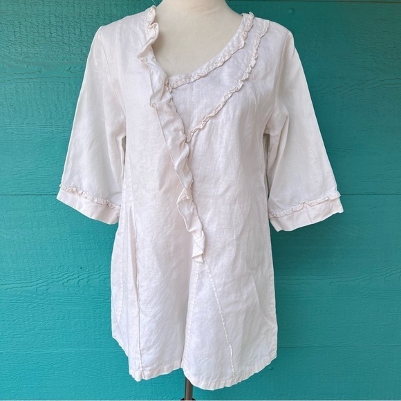 Firmiana Tops - 100% NATURAL LINEN COASTAL FLOWY LONG TUNIC TOP SIZE SMALL